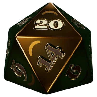 The Five Naturals dice: gold laurels and a glowing 20