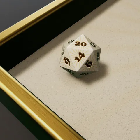 The Holy Roller set: a white die with gold rays on an ivory felt in a polished brass tray