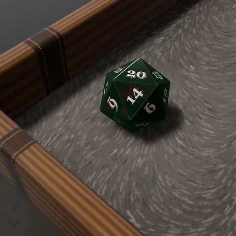 The Rage Quit set: a green bloodstone die on grey fur in a rough timber tray