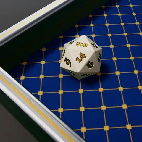 The Shining Example set: a pearl die with gold numbers on royal blue lattice in a steel and gold tray