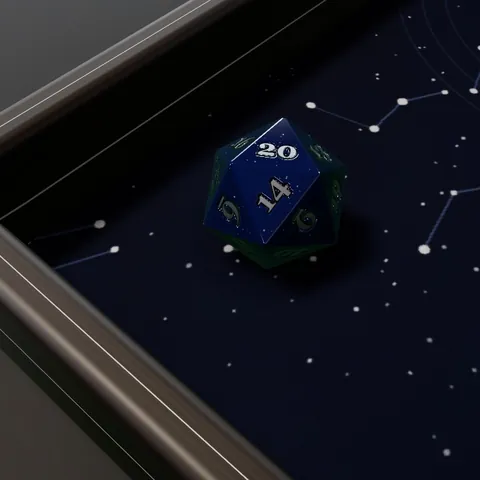 The Spell Check set: a midnight blue die on a felt of faint constellations in a near-black wood tray