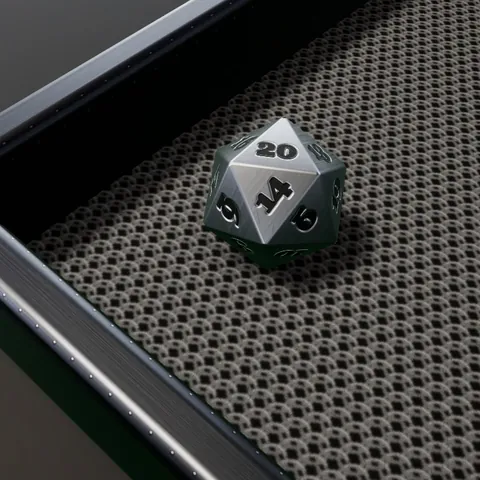 The Sword and Board set: a scuffed steel die on chainmail in a riveted iron tray