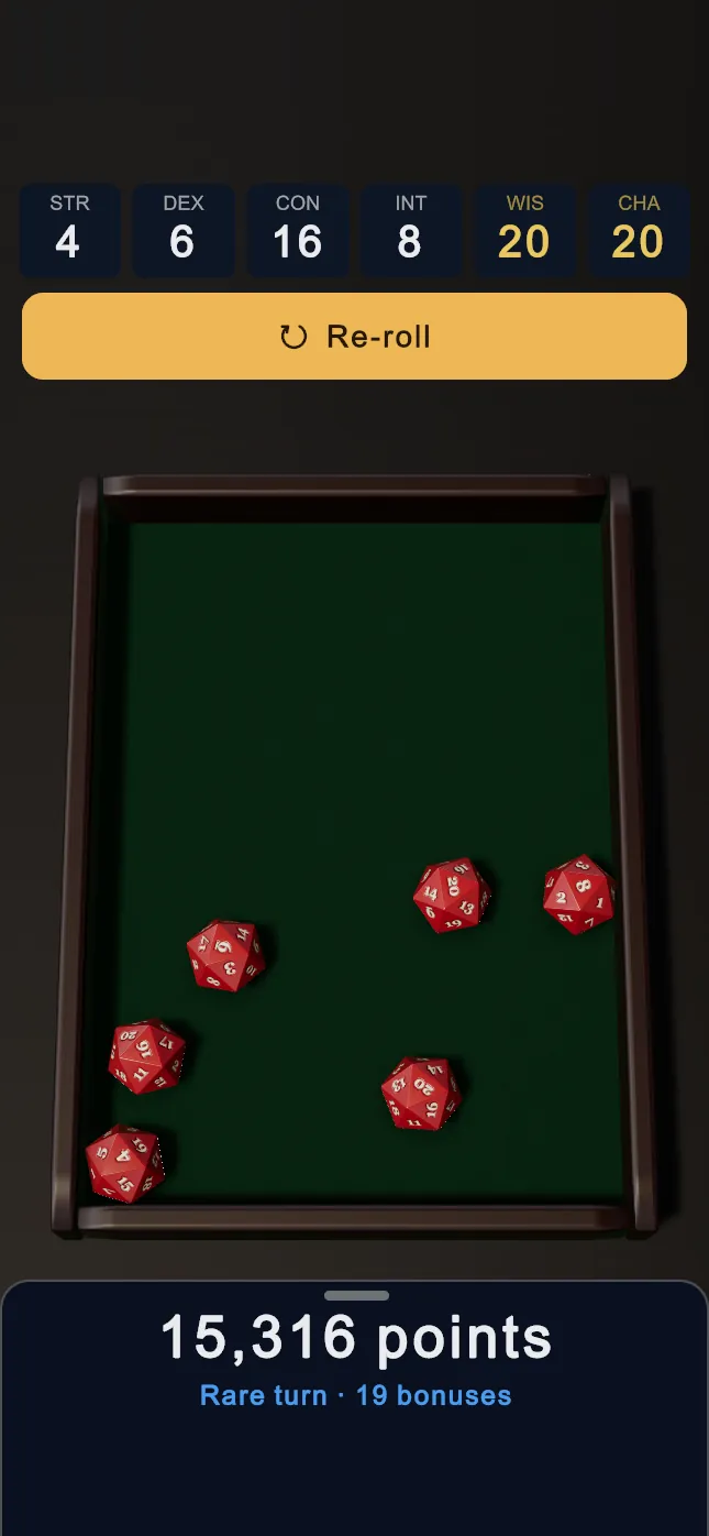 The day's roll in Daily Dice Roll: six red dice settled on green felt in a walnut tray, the tracker above reading 4, 6, 16, 8, 20 and 20, and below the tray 15,316 points, a Rare turn with 19 bonuses