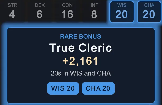 A Rare bonus revealed: True Cleric, 2,161 points for 20s in WIS and CHA